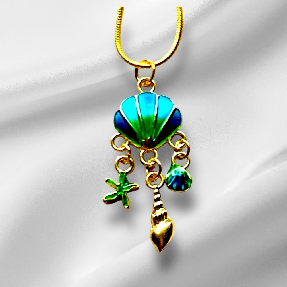 Shell & Starfish Elegant Gold and Blue Pendant Necklace